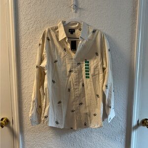 NWT Haggar Cream Grilling Santa Button Down, size L